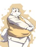  2018 anthro belly blush canid canine canis clothing domestic_dog flaccid fur genitals humanoid_hands kemono male mammal overweight overweight_anthro overweight_male penis shirt solo takagi_kyou topwear white_body white_fur 