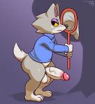  2020 animal_crossing anthro balls black_nose blue_clothing bottomless butt canid canine canis clothed clothing digital_media_(artwork) erection fang_(animal_crossing) frumples fur genitals grey_body grey_fur hi_res humanoid_genitalia humanoid_penis male mammal multicolored_body multicolored_fur nintendo penis signature simple_background solo tongue topwear turtleneck two_tone_body two_tone_fur video_games wolf yellow_sclera 