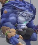  abs anthro blue_body blue_fur blue_nipples bottomwear bulge canid canine canis claws clothed clothing empty_eyes fangs fur grey_background hi_res iokei177 league_of_legends male mammal muscular muscular_anthro muscular_male nipples pecs riot_games shorts simple_background solo topless video_games warwick_(lol) wolf yellow_eyes 