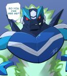  2019 anthro capcom dialogue em_being green_body hi_res hikazedragon jaws looking_at_viewer machine male mega_man_(series) mega_man_star_force omega-xis red_eyes robot simple_background solo speech_bubble video_games 