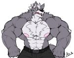  abs anthro belt big_muscles bottomwear canid canine canis clothed clothing fur grey_body grey_fur male mammal muscular muscular_anthro muscular_male nintendo nipples open_mouth pants pecs pink_nipples red_eyes sharp_teeth simple_background solo star_fox teeth topless video_games white_background wolf wolf_o&#039;donnell yongdasom 