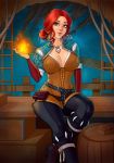  1girl breasts brown_eyes cleavage fire hair_bun jewelry large_breasts looking_at_viewer necklace red_hair sienna_(artist) smile sorceress the_witcher the_witcher_3 triss_merigold 