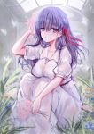  1girl bangs blush breasts collarbone dress fate/stay_night fate_(series) flower hair_ribbon heaven&#039;s_feel highres knees_up large_breasts long_hair looking_at_viewer mafuyu matou_sakura petals pink_ribbon puffy_short_sleeves puffy_sleeves purple_eyes purple_hair ribbon short_sleeves sitting smile white_dress 