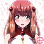  1girl artist_logo bangs beads blush brown_hair commentary english_commentary eyebrows_visible_through_hair green_eyes hair_beads hair_ornament highres looking_at_viewer lumi_(parallel_paradise) open_mouth parallel_paradise portrait seireiart simple_background solo 