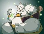  2017 anthro belly blush book canid canine canis clothed clothing domestic_dog fur kemono magic male mammal moobs nipples overweight overweight_anthro overweight_male sitting solo takagi_kyou white_body white_fur 