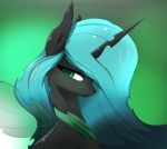  2020 absurd_res arthropod black_body changeling female feral friendship_is_magic green_background green_eyes green_mane hasbro hi_res horn insect_wings looking_at_viewer mane my_little_pony queen_chrysalis_(mlp) signature simple_background solo text therealf1rebird wings 
