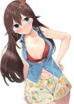  1girl arm_at_side blue_eyes blush breasts brown_hair cleavage clip_studio_paint_(medium) collarbone cowboy_shot crop_top dutch_angle floral_print furukawa_itsuse hair_ornament hand_on_hip highres hololive long_hair looking_to_the_side open_clothes open_vest shorts simple_background small_breasts smile solo star_(symbol) star_hair_ornament thighs tokino_sora vest virtual_youtuber white_background 