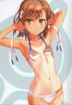  1girl absurdres arm_ribbon armpits arms_behind_head arms_up bangs bikini blurry blush body_writing breasts brown_eyes brown_hair clothes_writing collarbone cowboy_shot dennou_senki_virtual-on depth_of_field english_text eyebrows_visible_through_hair flower hair_flower hair_ornament hairpin highres hip_focus huge_filesize leg_tattoo logo looking_at_viewer medium_hair misaka_mikoto navel number parted_lips print_bikini raika9 ribbon scan skindentation small_breasts solo standing swimsuit tattoo thigh_ribbon to_aru_majutsu_no_index to_aru_majutsu_no_virtual-on twitter_username virtual_on white_background white_bikini white_flower white_ribbon 