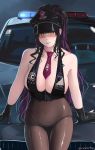  absurdres black_hair bodystocking breasts car cleavage fate/grand_order fate_(series) ground_vehicle hat highres motor_vehicle multicolored_hair necktie peaked_cap pink_hair police_car sesshouin_kiara sesshouin_kiara_(swimsuit_mooncancer)_(fate) smile solo swimsuit wavy_hair 