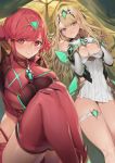  2girls absurdres bangs bare_shoulders blonde_hair blush breasts chest_jewel cleavage cleavage_cutout dress earrings elbow_gloves gem gloves hands_on_own_chest highres jam_(nandade) jewelry large_breasts long_hair looking_at_viewer multiple_girls mythra_(xenoblade) pyra_(xenoblade) red_eyes red_hair red_legwear short_dress short_hair smile swept_bangs thigh_strap thighhighs thighs tiara white_dress white_gloves xenoblade_chronicles_(series) xenoblade_chronicles_2 yellow_eyes 