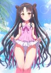  1girl absurdres bangs bare_shoulders black_hair blue_sky blush breasts chest_tattoo double_bun dress_swimsuit facial_mark fate/grand_order fate_(series) forehead_mark highres huge_filesize long_hair looking_at_viewer multicolored_hair parted_bangs pink_hair pink_swimsuit sesshouin_kiara sesshouin_kiara_(lily) sky small_breasts smile streaked_hair swimsuit tattoo thighs very_long_hair wavy_hair xue_lu yellow_eyes 