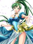  1girl :d bangs blue_dress blue_sleeves breasts cleavage collarbone contrapposto detached_sleeves dress fire_emblem fire_emblem:_the_blazing_blade floating_hair green_eyes green_hair high_ponytail highres jewelry kakiko210 long_hair looking_at_viewer lyn_(fire_emblem) medium_breasts open_mouth outstretched_arm outstretched_hand pendant petals shiny shiny_hair short_sleeves side_slit skirt_hold sleeveless sleeveless_dress smile solo standing strapless strapless_dress very_long_hair white_background 