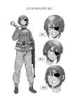  1girl absurdres angry burn_scar camouflage clenched_teeth constricted_pupils explosive expressions eyepatch full_body grenade greyscale gun highres holding holding_gun holding_weapon monochrome mp40 original panzerfaust scar short_hair sigama stielhandgranate submachine_gun teeth translated weapon white_background 