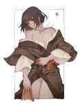  1boy bangs black_hair blush border brown_eyes brown_kimono closed_mouth collarbone commentary_request cropped_legs highres japanese_clothes kimono kuro_the_divine_heir long_sleeves looking_at_viewer lying messy_hair off_shoulder on_back outside_border sash sekiro:_shadows_die_twice shirt_pull solo translation_request vetania white_border white_kimono wide_sleeves 