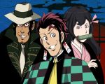  1boy 1girl 2boys arsene_lupin_iii bamboo bit_gag black_hair checkered cosplay earrings f09fa4aa facial_scar forehead_scar gag hair_between_eyes hair_ribbon japanese_clothes jewelry kamado_nezuko kamado_nezuko_(cosplay) kamado_tanjirou kamado_tanjirou_(cosplay) kibutsuji_muzan kibutsuji_muzan_(cosplay) kimetsu_no_yaiba kimono long_hair looking_at_viewer lupin_iii mine_fujiko multiple_boys parody pink_eyes pink_kimono pink_ribbon red_eyes ribbon scar smile style_parody zenigata_kouichi 