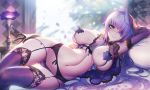  bed breasts elbow_gloves garter gloves green_eyes long_hair navel original purple_hair rodway stockings 