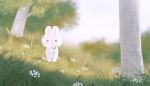  ayu_(mog) blurry blurry_background bunny closed_mouth day depth_of_field field flower holding holding_flower looking_at_viewer no_humans original outdoors signature smile solo standing tree white_flower 