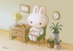  ayu_(mog) blush book bunny chair closed_mouth cup flower lamp mug no_humans open_book original painting_(object) pink_flower plant potted_plant reading signature sitting smile solo yellow_flower 