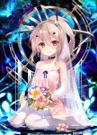  1girl ayanami_(azur_lane) azur_lane bare_shoulders bug butterfly choker commentary_request elbow_gloves eyebrows_visible_through_hair flower full_body gloves hair_between_eyes highres insect kneeling looking_at_viewer orange_eyes ponytail shirokitsune sleeveless smile solo thighhighs 