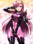  1girl bodysuit breasts covered_navel g_gundam gundam gundam_seed gundam_seed_destiny hair_ornament highres impossible_bodysuit impossible_clothes latex latex_bodysuit long_hair medium_breasts meer_campbell mobile_trace_suit multicolored multicolored_bodysuit multicolored_clothes pink_bodysuit sen_(sansui) shiny shiny_clothes shiny_hair shiny_skin skin_tight solo star_(symbol) star_hair_ornament 