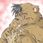  1:1 2006 anthro belly black_nose blush bodily_fluids brown_body brown_fur cum cum_on_face cum_on_hand digital_media_(artwork) fur genital_fluids kemono low_res male mammal oekaki overweight overweight_anthro overweight_male solo takagi_kyou tongue tongue_out ursid 