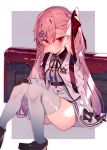  1girl alternate_costume bangs belt black_legwear blush bow braid breasts dress eyebrows_visible_through_hair girls_frontline gloves hair_between_eyes hair_bow hair_ornament hair_ribbon hairclip hexagram highres jacket loafers long_hair looking_at_viewer negev_(girls_frontline) one_side_up pink_hair red_bow red_eyes ribbon shoes sitting small_breasts smile solo soukou_makura star_of_david thighhighs weapon_case younger 