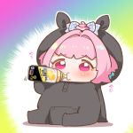  1girl baby_bottle bottle bow censored chibi drinking hair_bow idolmaster idolmaster_cinderella_girls mosaic_censoring onesie pink_eyes pink_hair simple_background sitting solo strong_zero takato_kurosuke translated yumemi_riamu 