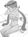  1girl :o bed blush breasts condom cum eyebrows_visible_through_hair flower greyscale hair_flower hair_ornament highres hitachi_magic_wand long_hair looking_at_viewer mallow_(pokemon) medium_breasts midriff monochrome navel on_bed ookamiuo pillow pokemon pokemon_(game) pokemon_sm sex_toy sitting solo sweat twintails used_condom vibrator 