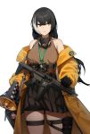  1girl absurdres bangs black_hair breasts carrying_bag cero_(last2stage) collarbone expressionless eyebrows_visible_through_hair gas_mask girls_frontline gloves gun heterochromia highres id_card jacket lanyard large_breasts m4_sopmod_ii_jr mask_around_neck megaphone mod3_(girls_frontline) multicolored_hair noveske_space_invader red_eyes ro635_(girls_frontline) sidelocks simple_background skirt sleeveless_sweater solo streaked_hair submachine_gun thigh_pouch thighs weapon white_background white_hair yellow_eyes yellow_jacket 
