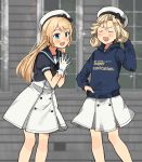  2girls annin_musou black_sailor_collar blonde_hair blue_eyes blue_shirt blush closed_eyes clothes_writing dress eyebrows_visible_through_hair feet_out_of_frame gloves hair_between_eyes hat janus_(kantai_collection) jervis_(kantai_collection) kantai_collection long_hair long_sleeves multiple_girls open_mouth sailor_collar sailor_dress sailor_hat shirt short_hair short_sleeves smile sparkle white_dress white_gloves white_headwear 