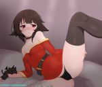  ass bed blush breasts brown_hair chomusuke collar covered_nipples embarrassed heart kono_subarashii_sekai_ni_shukufuku_wo! lewdishsnail lying megumin on_bed on_side open_mouth panties petite small_breasts underwear 