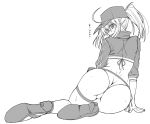  ... 1girl ahoge arm_support artoria_pendragon_(all) ass ass_focus bikini commentary_request fate/grand_order fate_(series) greyscale hair_between_eyes hat high_heels highres kiriya_(aprikose_0312) monochrome mysterious_heroine_xx_(foreigner) ponytail shrug_(clothing) simple_background sitting solo swimsuit translation_request white_background 