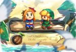  1boy 1girl beach blonde_hair blue_dress chibi dress feathers flower gonzarez green_headwear green_tunic hair_flower hair_ornament link looking_at_another looking_up marin_(the_legend_of_zelda) orange_hair palm_tree pointy_ears sand_writing the_legend_of_zelda the_legend_of_zelda:_link&#039;s_awakening tree 