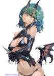  1girl artist_name black_gloves breasts cleavage copyright_request demon_girl elbow_gloves gloves green_hair hair_between_eyes highres horns lips looking_at_viewer low_wings medium_breasts navel ninnin_(shishitou) oni oni_horns red_eyes short_hair simple_background solo white_background wings 