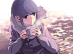  1girl blue_hair cardigan cup dated has_bad_revision has_downscaled_revision highres holding holding_cup horikou mug purple_eyes scarf shima_rin solo steam yurucamp 