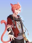  1boy animal_ears aquarius_(artist) bangs black_gloves black_jacket black_pants black_scarf blue_background cat_boy cat_ears cat_tail commentary_request final_fantasy final_fantasy_xiv fingerless_gloves g&#039;raha_tia gloves highres holding jacket jewelry looking_at_viewer male_focus miqo&#039;te neck_tattoo necklace open_mouth pants reaching_out red_eyes red_jacket scarf shirt short_hair short_sleeves simple_background smile solo tail tattoo two-tone_jacket upper_body upper_teeth white_shirt 