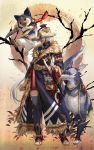  1girl animal_hood canyne cat_hood fangs felyne fur_trim hat highres hood long_hair looking_to_the_side mito_itsuki monster_hunter monster_hunter_rise ponytail sandals scabbard scar scarf sheath silver_hair standing straw_hat thighhighs very_long_hair 