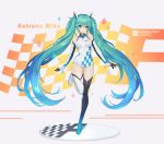  1girl absurdres bare_shoulders blue_eyes blue_hair breasts character_name choker elbow_gloves eyebrows_visible_through_hair full_body gloves hatsune_miku highres hyuckjune_jeon leotard long_hair looking_at_viewer medium_breasts race_queen racing racing_miku smile solo standing standing_on_one_leg thighhighs twintails very_long_hair vocaloid 