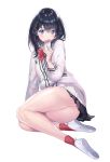  1girl ass bangs bare_legs black_hair black_skirt blue_eyes blush bow bowtie breasts cardigan collared_shirt earbuds earphones hair_between_eyes holding holding_phone long_hair long_sleeves looking_at_viewer m2_(guvn5745) medium_breasts phone pleated_skirt red_bow red_legwear red_neckwear school_uniform shirt simple_background sitting skirt socks solo ssss.gridman takarada_rikka thick_thighs thighs white_cardigan white_footwear 