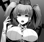  1girl atlanta_(kantai_collection) breasts commentary_request dress_shirt earrings garrison_cap greyscale hat jewelry kantai_collection kihou_no_gotoku_dmc large_breasts long_hair long_sleeves looking_at_viewer monochrome open_mouth shirt solo star_(symbol) star_earrings translation_request two_side_up upper_teeth 