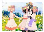  2girls :d ^_^ akemi_homura alternate_costume apron argyle arm_at_side bare_legs black_hair black_skin blue_sky blurry blurry_background border clone closed_eyes closed_mouth cloud cloudy_sky collared_dress colorful day dress expressionless eyelashes faceless faceless_female facing_away flower forest from_side grass half-closed_eyes hand_on_own_face hand_up happy head_wreath height_difference hill kaname_madoka leaf leaf_print legs_up light_blush long_hair looking_at_another mahou_shoujo_madoka_magica multiple_girls nature open_mouth orange_flower outdoors outside_border outstretched_arms patterned_clothing pc_(z_yu) pine_tree pink_dress pink_flower pink_hair pink_ribbon plus_sign profile purple_apron purple_dress purple_flower ribbon shiny shiny_hair short_dress short_sleeves short_twintails side-by-side sidelocks sky smile sparkle standing surreal tree twintails waist_apron white_border white_dress wrist_grab yellow_flower 
