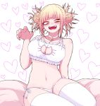  1girl arm_support bangs bare_shoulders bell bell_choker blonde_hair blunt_bangs blush boku_no_hero_academia bra breasts cat_cutout cat_ear_panties cat_lingerie choker claw_pose cleavage cleavage_cutout collarbone commentary_request double_bun facing_viewer fangs frills hand_up heart heart_background highres large_breasts meme_attire messy_hair navel okumari open_mouth panties seiza short_hair side-tie_panties sitting smile solo stomach teeth thighhighs toga_himiko underwear white_bra white_choker white_legwear white_panties yellow_eyes 