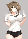  1girl bangs bare_shoulders black_hairband black_shorts blush breasts brown_hair carmine_(ucdio) casual collarbone cup green_eyes hair_between_eyes hairband highres holding holding_cup kantai_collection large_breasts looking_at_viewer mutsu_(kantai_collection) short_hair short_shorts shorts simple_background smile solo steam tank_top thigh_gap white_tank_top 