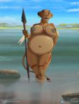  absurd_res anthro belly big_belly big_breasts breasts brown_body brown_eyes brown_fur cloud cloudscape dark_areola detailed_background disney ear_piercing el-loko feathers felid female fur furgonomics genitals gold_(metal) gold_jewelry hand_on_hip hi_res jewelry lion mammal melee_weapon navel necklace nipple_piercing nipples nude open_mouth outie_navel outside pantherine piercing polearm pregnant pussy rock sarabi sky solo spear standing tattoo the_lion_king tooth_necklace tree tribal water weapon 