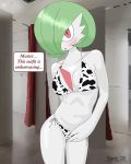  absurd_res animal_print anthro anthrofied blush breasts clothed clothing cow_print embarrassed english_text female fur furfe gardevoir glistening glistening_body glistening_skin green_hair hair hair_over_eye hand_on_leg hand_on_thigh hi_res humanoid legs_together looking_at_viewer medium_breasts mostly_nude nintendo not_furry one_eye_obstructed open_mouth pok&eacute;mon pok&eacute;mon_(species) pok&eacute;morph red_eyes shy solo standing swimwear text video_games white_body white_fur 