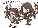  &gt;_&lt; 1boy 2girls admiral_(kantai_collection) aircraft bangs black_gloves black_hair black_legwear blush chibi chikuma_(kantai_collection) flying_sweatdrops gloves hair_ribbon hat kantai_collection long_hair multiple_girls open_mouth pelvic_curtain red_neckwear remodel_(kantai_collection) ribbon rigging short_sleeves single_glove single_thighhigh sowamame thighhighs tone_(kantai_collection) translation_request white_background 