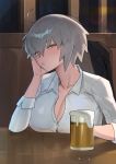  1girl absurdres ahoge alcohol bangs beer beer_mug blush breast_rest breasts brown_eyes cleavage closed_mouth collarbone collared_shirt commentary_request cup expressionless eyebrows_visible_through_hair eyes_visible_through_hair fate/grand_order fate_(series) hand_on_own_cheek highres hood_(james_x) indoors jeanne_d&#039;arc_(alter)_(fate) jeanne_d&#039;arc_(fate)_(all) large_breasts long_sleeves looking_at_viewer mug shirt short_hair silver_hair solo table white_shirt 
