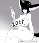  2017 angelthecatgirl animal_humanoid areola areola_slip beverage big_breasts black_hair breasts crossed_legs duo female hair hi_res humanoid larger_female micro nude on_glass red_eyes size_difference smaller_female wide_hips 