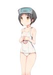  1girl bangs black_hair commentary_request cowboy_shot cyoujineko diving_mask diving_mask_on_head flat_chest highres kantai_collection maru-yu_(kantai_collection) parted_bangs school_swimsuit short_hair simple_background solo standing swimsuit white_background white_swimsuit yellow_eyes 