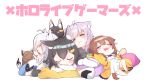  4girls :3 :t ahoge animal_ear_fluff animal_ears barefoot black_hair blush braid brown_eyes cat_ears chibi closed_eyes closed_mouth commentary_request dog_ears dress eyebrows_visible_through_hair fox_ears fox_tail hair_ornament hololive hololive_gamers inugami_korone multiple_girls nakami_(lhyqc) nekomata_okayu ookami_mio open_mouth oruyanke_(shirakami_fubuki) purple_hair shirakami_fubuki sitting sleeping tail translation_request virtual_youtuber white_background white_dress white_hair wolf_ears 